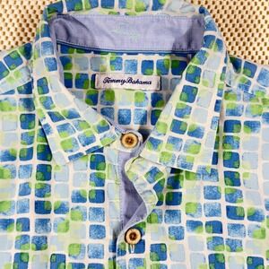 Tommy Bahama IslandZone Mens Blue Green Silk Blend Geometric Mosaic Shirt XL